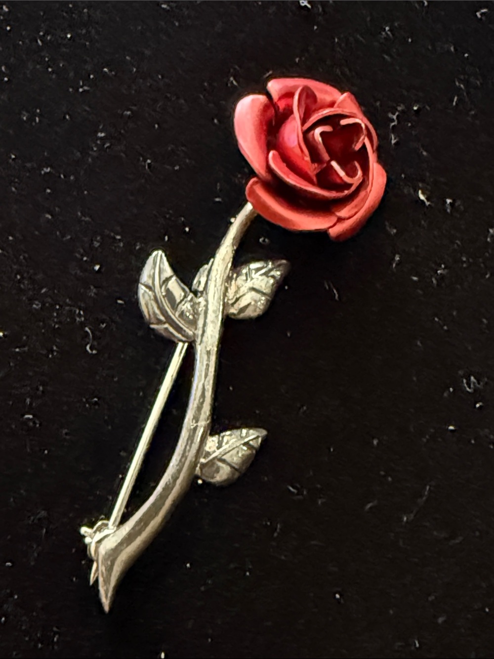 Vintage Sterling Silver 925 Red Rose Brooch Pin